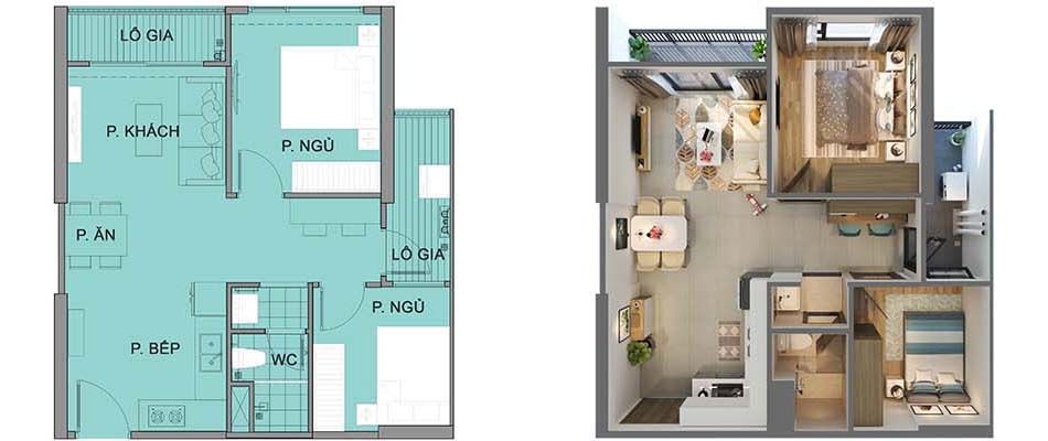 Mặt bằng căn hộ 2 ngủ 1 wc