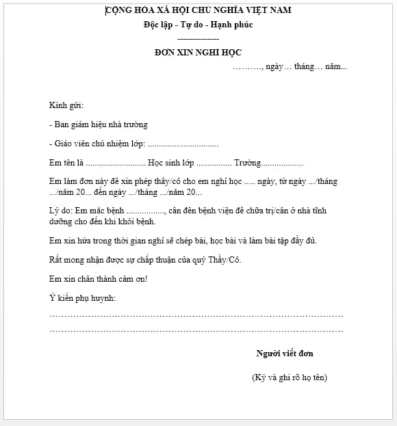 Mẫu đơn xin phép nghỉ học chuẩn, dễ viết, thầy cô duyệt ngay
