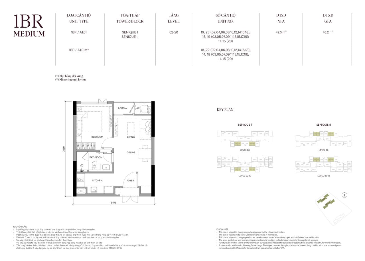 Căn hộ 1PNDiện tích 41 - 45 M2