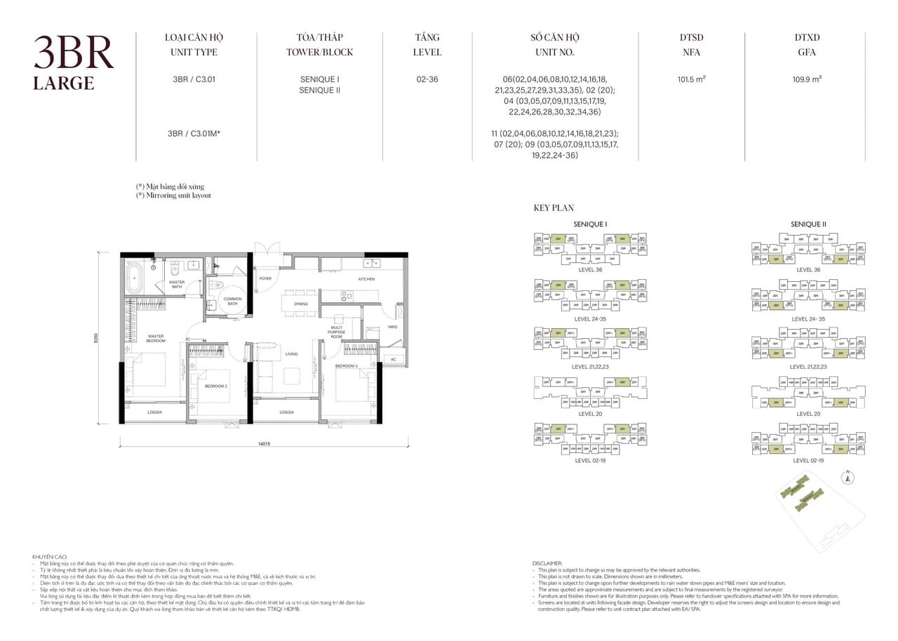 Căn hộ 3PNDiện tích 101M2